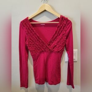 Express Long Sleeve Bright Pink T- Shirt with Ruffle Detail